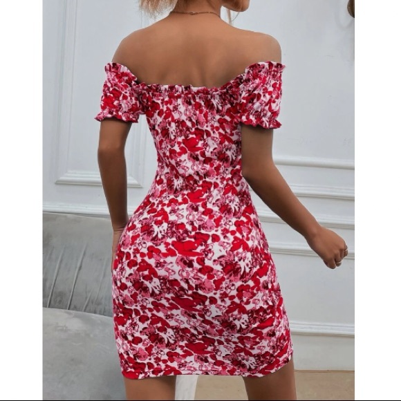 Boho green Floral Print Off Shoulder Bodycon Dress - Picture 15 of 16